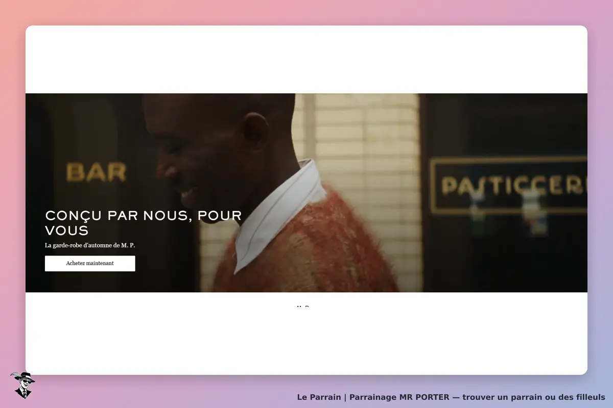 MR PORTER : un homme souriant porte un pull, devant un bar et une pâtisserie