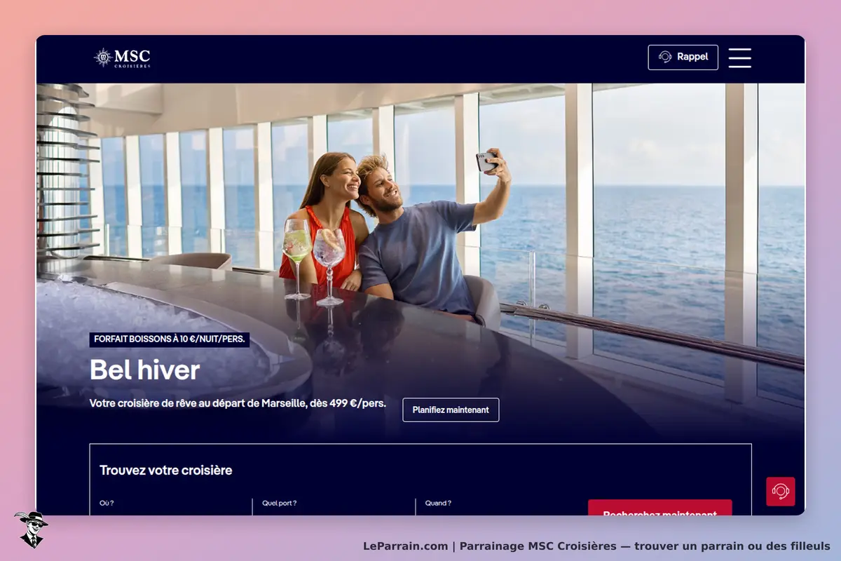 MSC Croisières : couple prenant un selfie avec des verres, vue sur la mer à travers des fenêtres