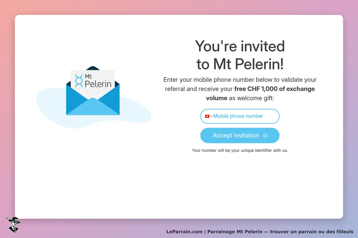 Mt Pelerin : invitation à entrer un numéro de téléphone pour valider un parrainage