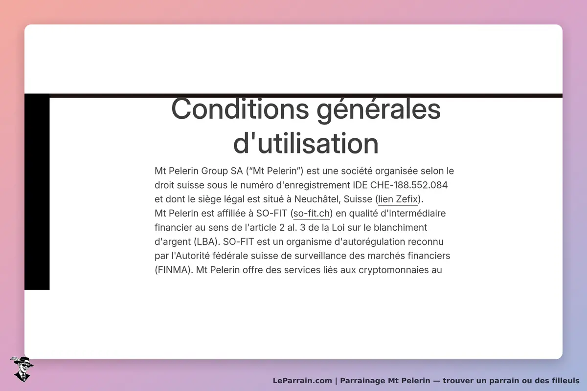Mt Pelerin : conditions générales d'utilisation affichées sur la page d'accueil du site
