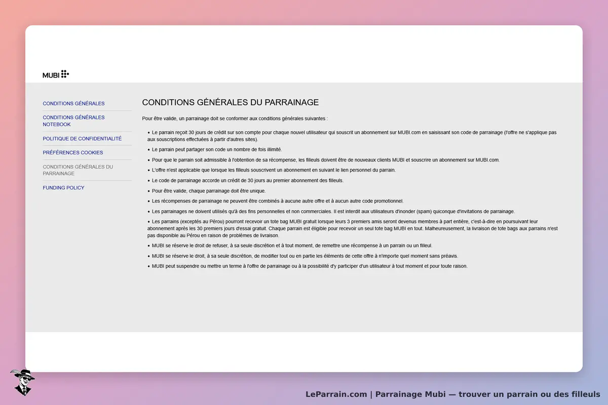 Mubi : conditions générales du parrainage affichées sur la page, avec plusieurs points énumérés