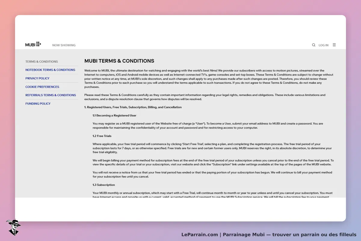 Mubi : conditions générales d'utilisation avec sections sur l'inscription et les abonnements