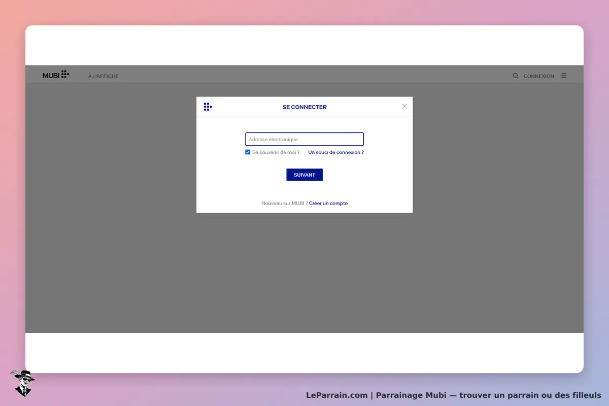 Mubi : fenêtre de connexion avec champ pour l'adresse électronique et options de connexion