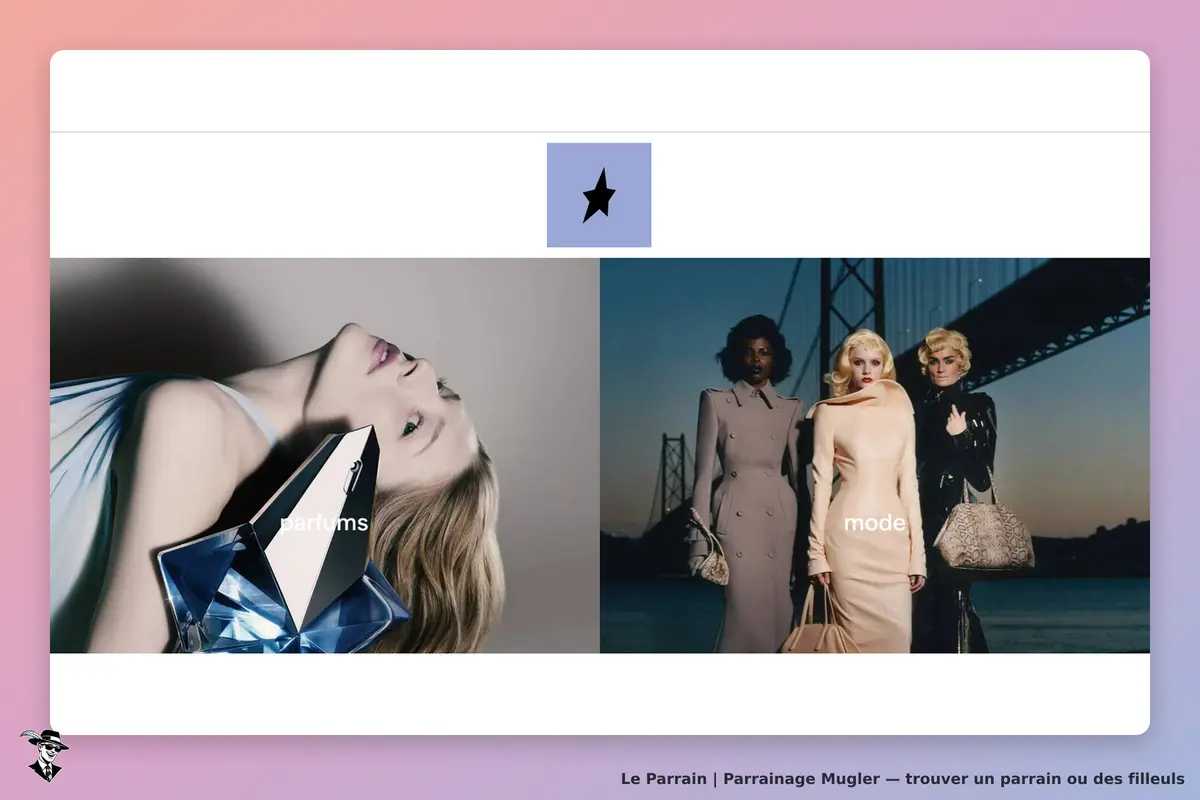 Mugler : deux sections avec des images de parfum et de mode, logo étoile au centre