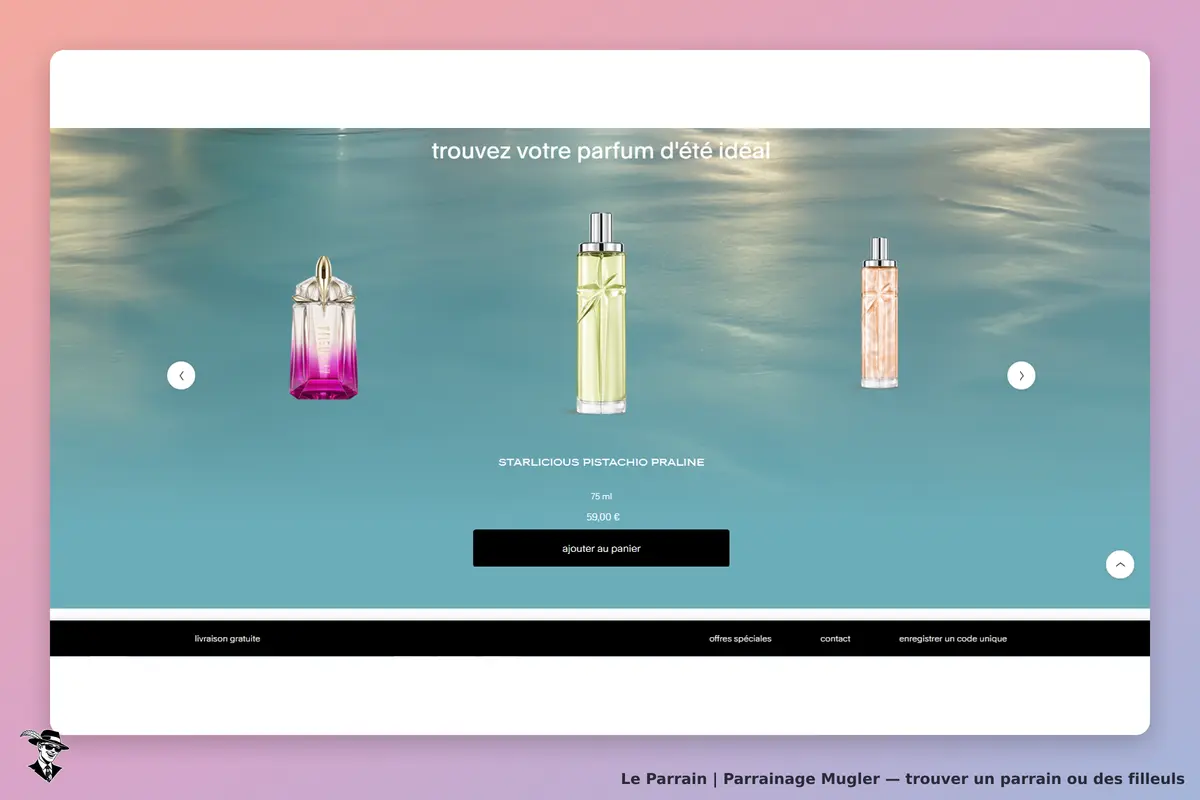 Mugler : trois flacons de parfum sur fond aquatique avec un bouton d'ajout au panier