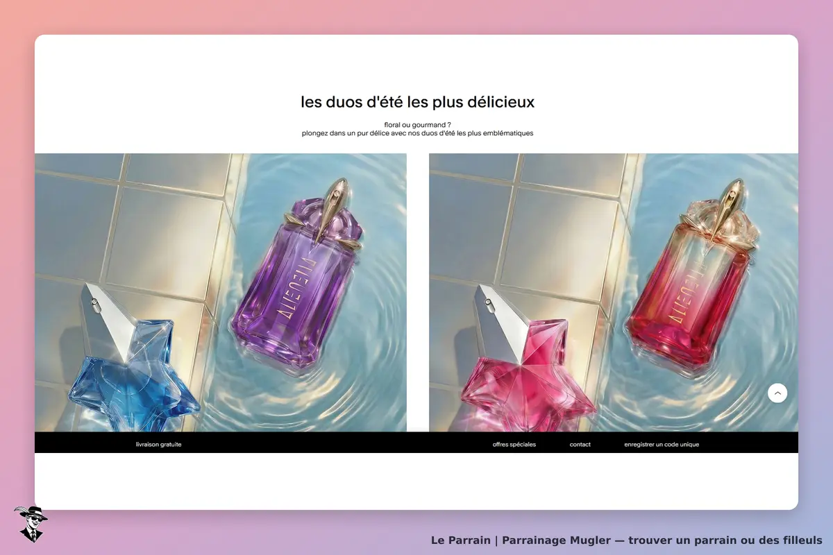 Mugler : deux flacons de parfum colorés sur un fond aquatique, avec un titre en haut