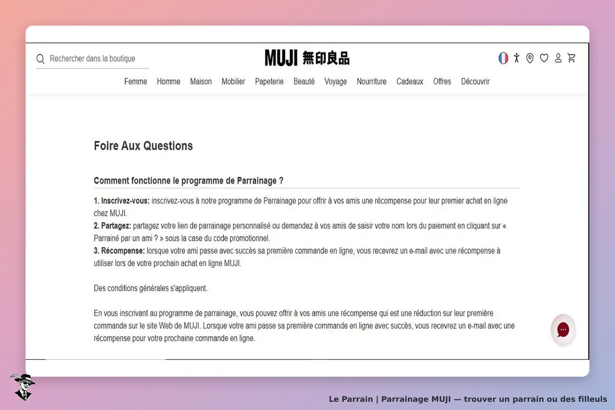 MUJI : page de la foire aux questions sur le programme de parrainage