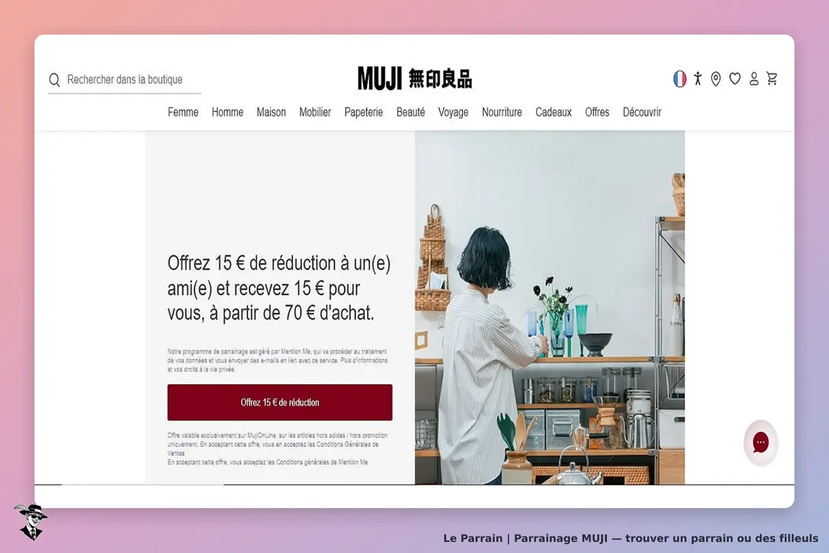 MUJI : page d'accueil avec une personne préparant des objets sur un plan de travail