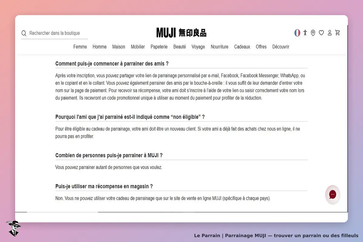 MUJI : section d'aide sur le parrainage avec plusieurs questions et réponses affichées