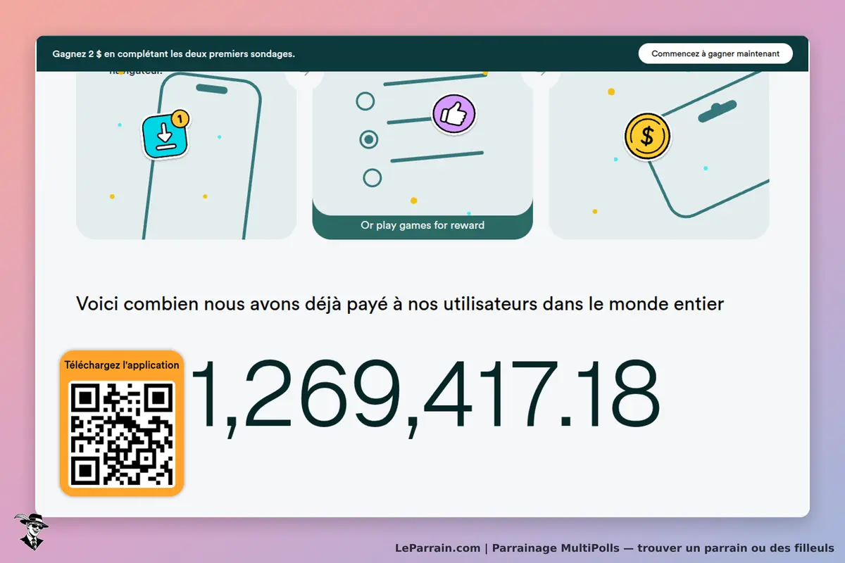 MultiPolls : page d'accueil avec illustrations et QR code pour télécharger l'application