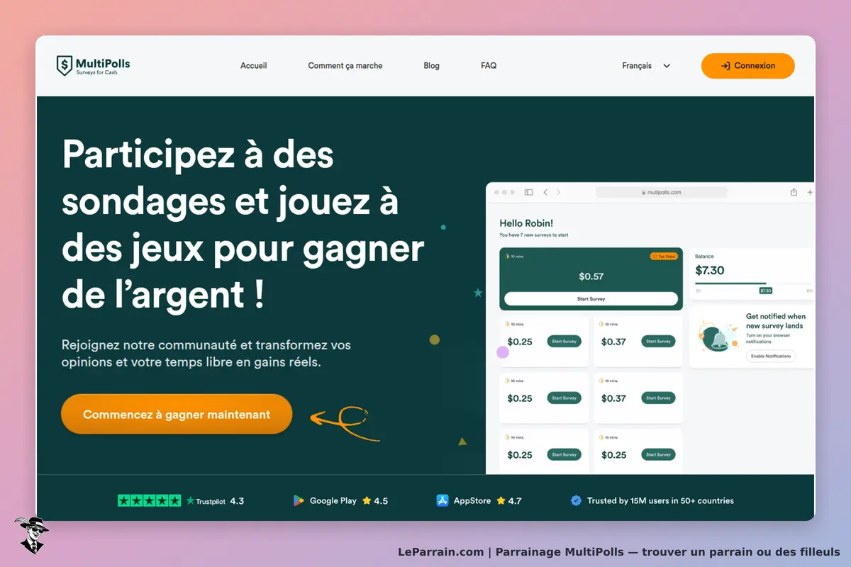 MultiPolls : page d'accueil avec invitation à participer à des sondages et jeux pour gagner de