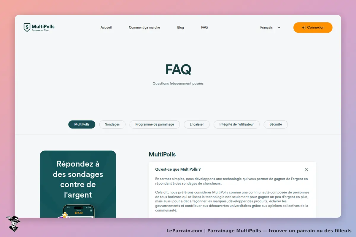 MultiPolls : page FAQ avec options de navigation et description du service proposé
