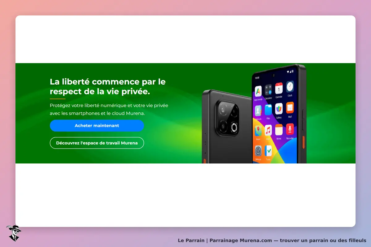 Murena.com : murena : page d'accueil avec smartphones et message sur la protection de la vie privée