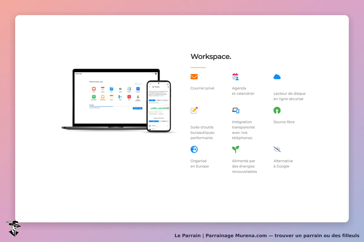 Murena.com : murena : interface de workspace avec ordinateur et smartphone, options de services