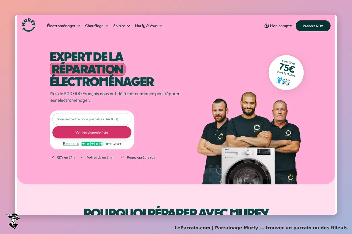 Murfy : page d'accueil avec un slogan sur la réparation électroménager et trois techniciens