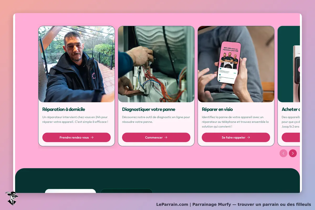 Murfy : page d'accueil présentant des services de réparation à domicile et diagnostic en ligne