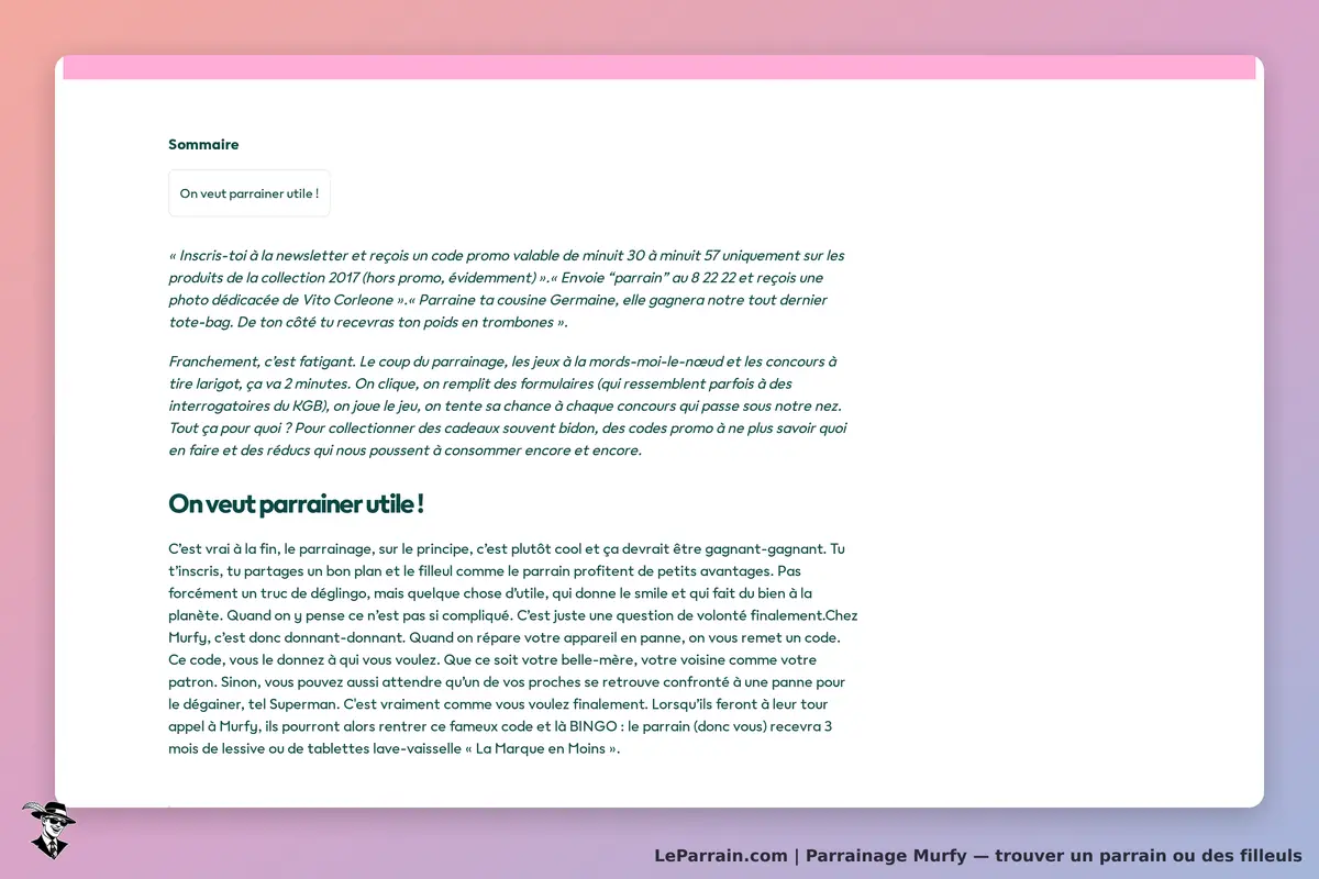 Murfy : texte explicatif sur le parrainage et ses avantages. Design coloré et moderne