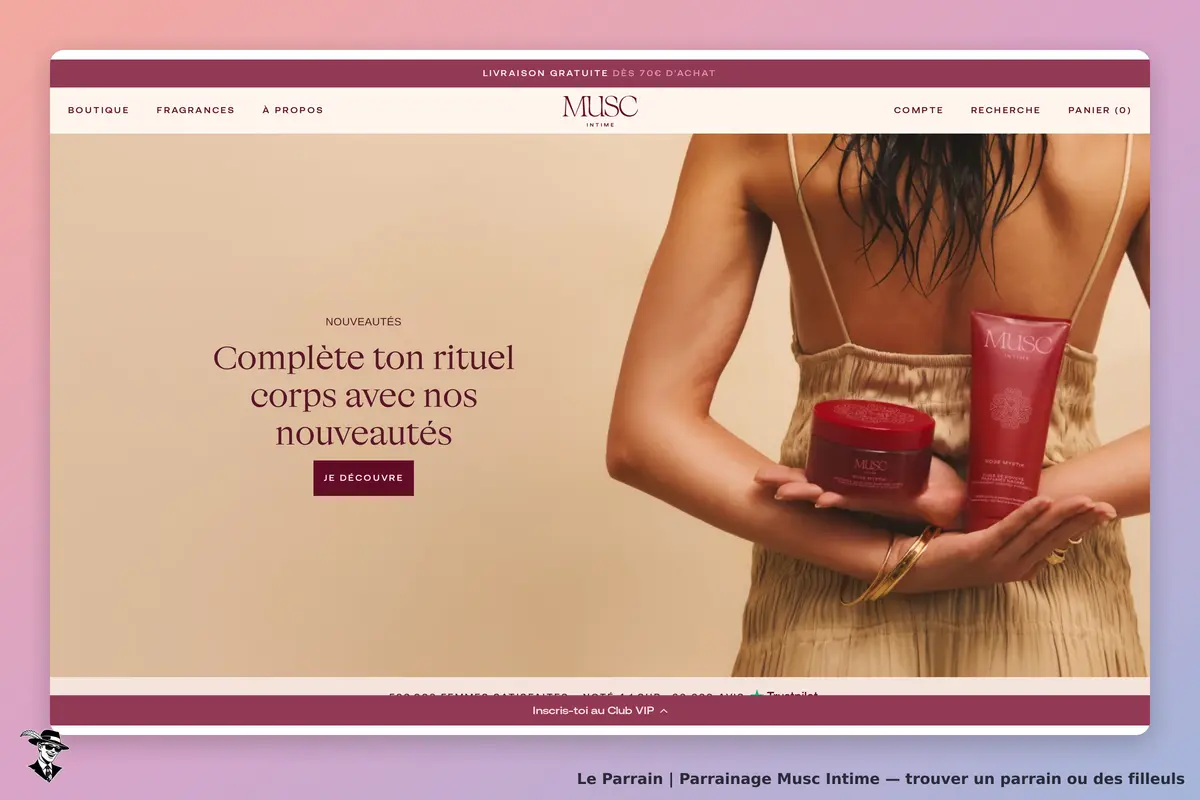 Musc Intime : mUSC : page d'accueil avec des produits de soin présentés par une personne de dos
