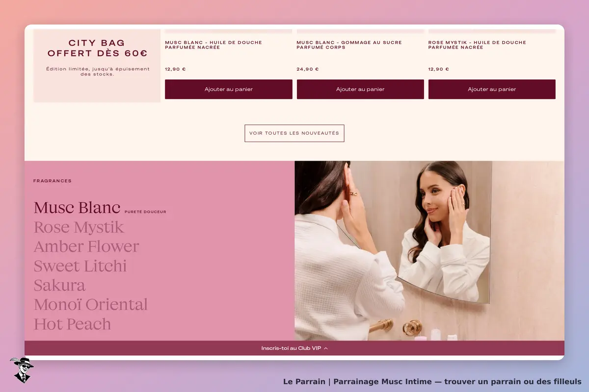 Musc Intime : page d'accueil avec produits et une femme se regardant dans un miroir