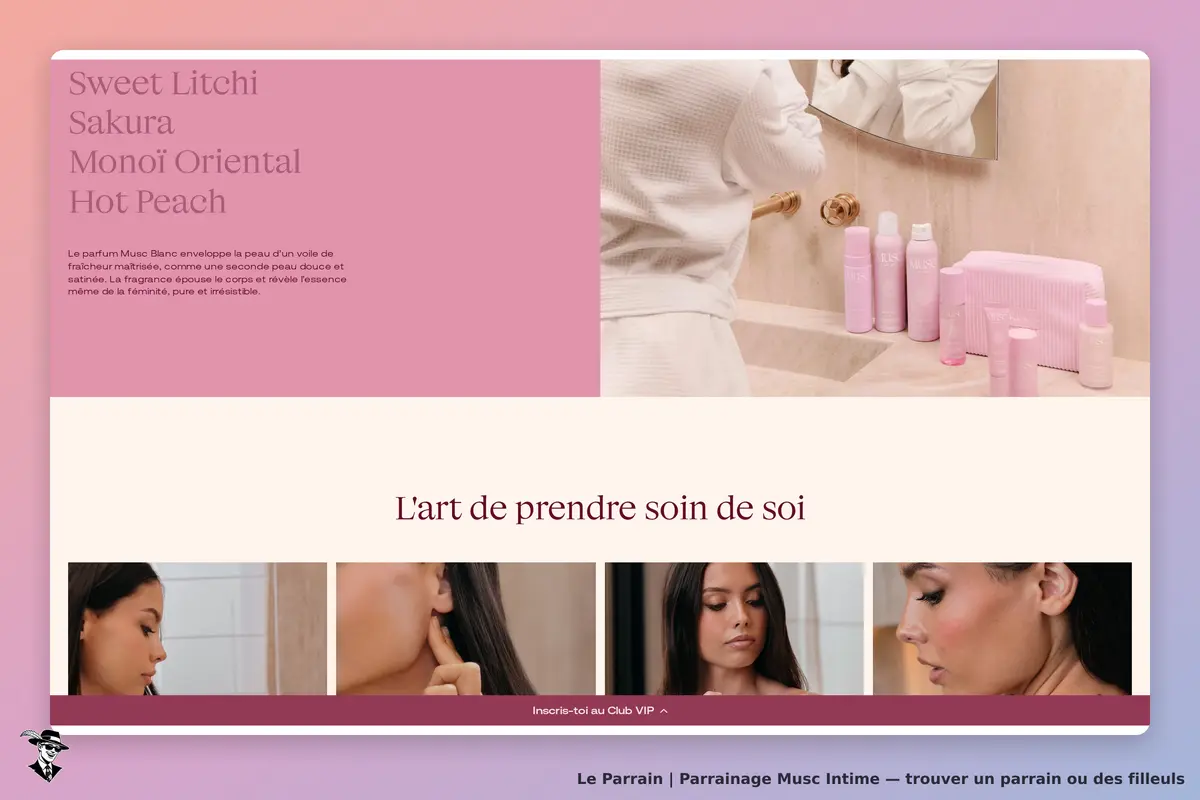 Musc Intime : page d'accueil avec produits de soin et images de femmes prenant soin d'elles