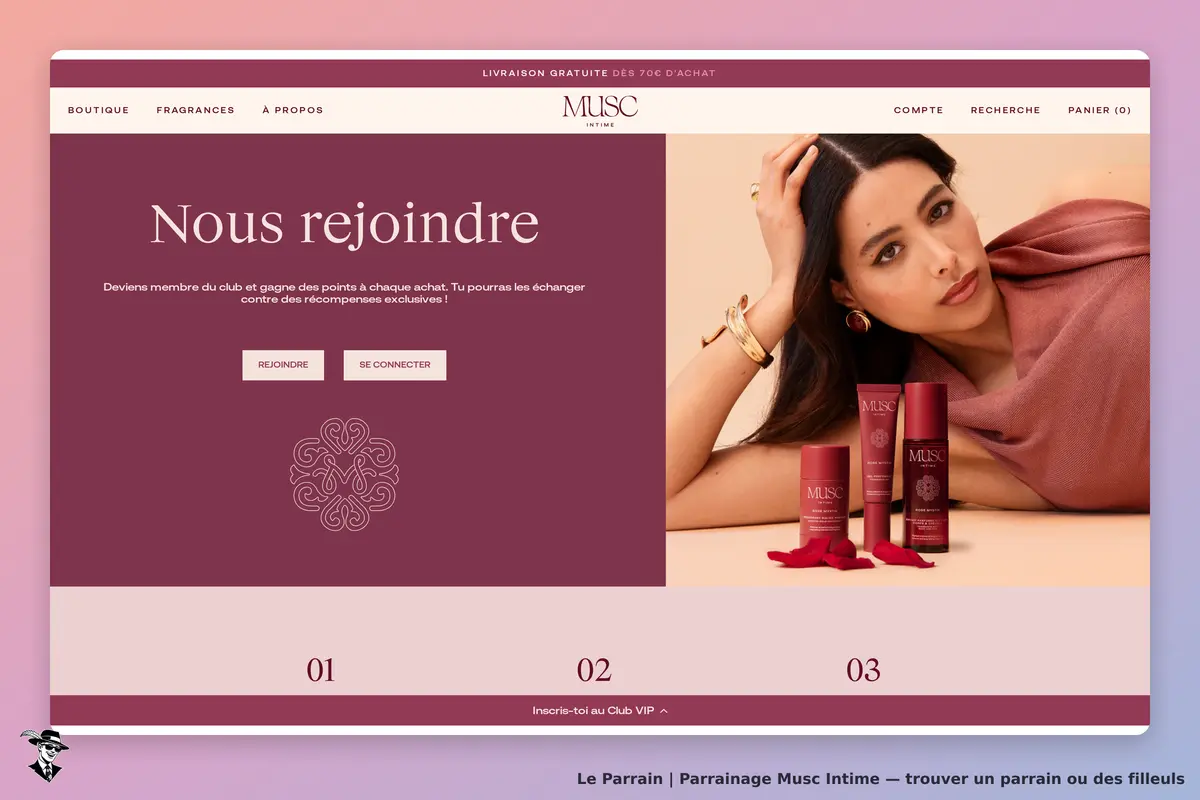 Musc Intime : page d'accueil avec une femme posant et des produits cosmétiques affichés
