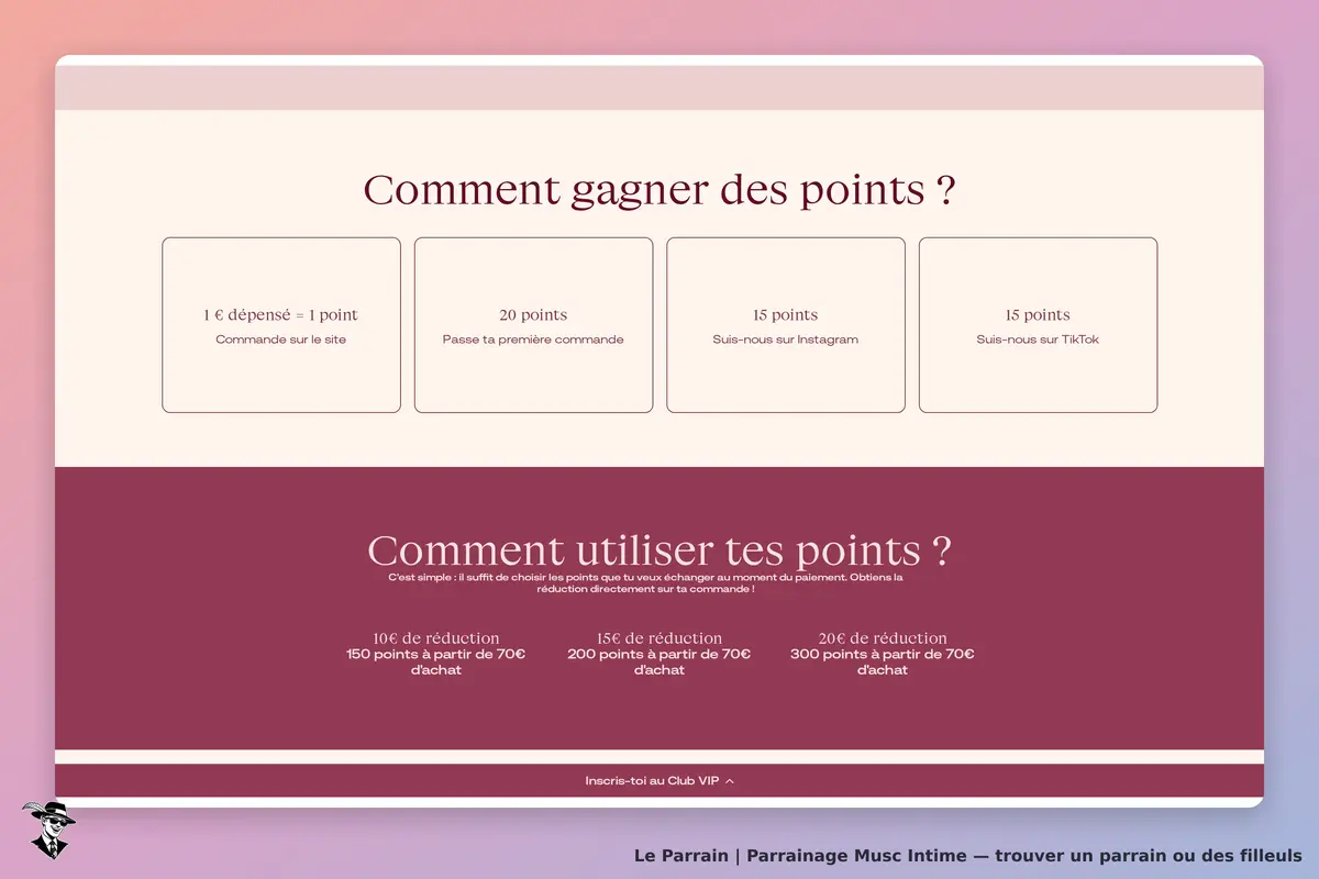 Musc Intime : section expliquant comment gagner et utiliser des points de fidélité