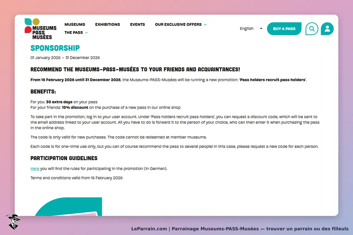 Museums-PASS-Musées : page de parrainage avec détails sur la promotion et les avantages