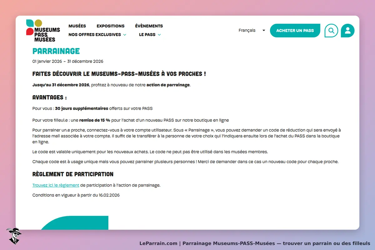 Museums-PASS-Musées : page d'accueil sur le parrainage avec avantages et règlement de participation