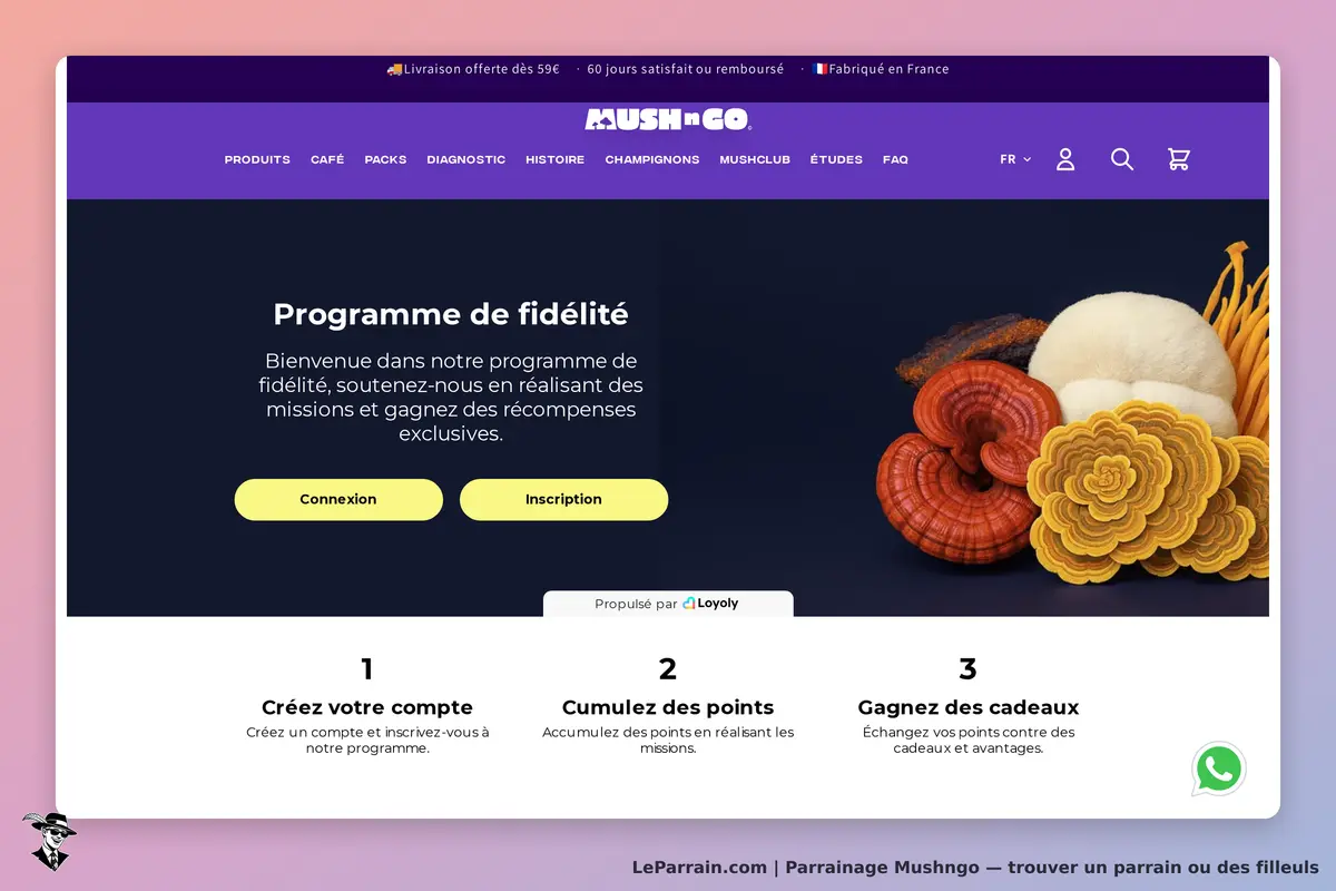 Mushngo : page d'accueil présentant le programme de fidélité et des champignons colorés