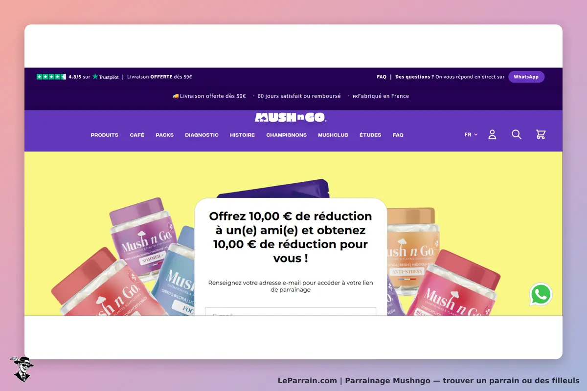 Mushngo : mush n Go : page d'accueil avec des pots de produits et un formulaire de parrainage en