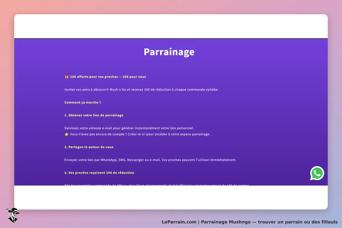 Mushngo : page de parrainage avec instructions et formulaire d'inscription par e-mail