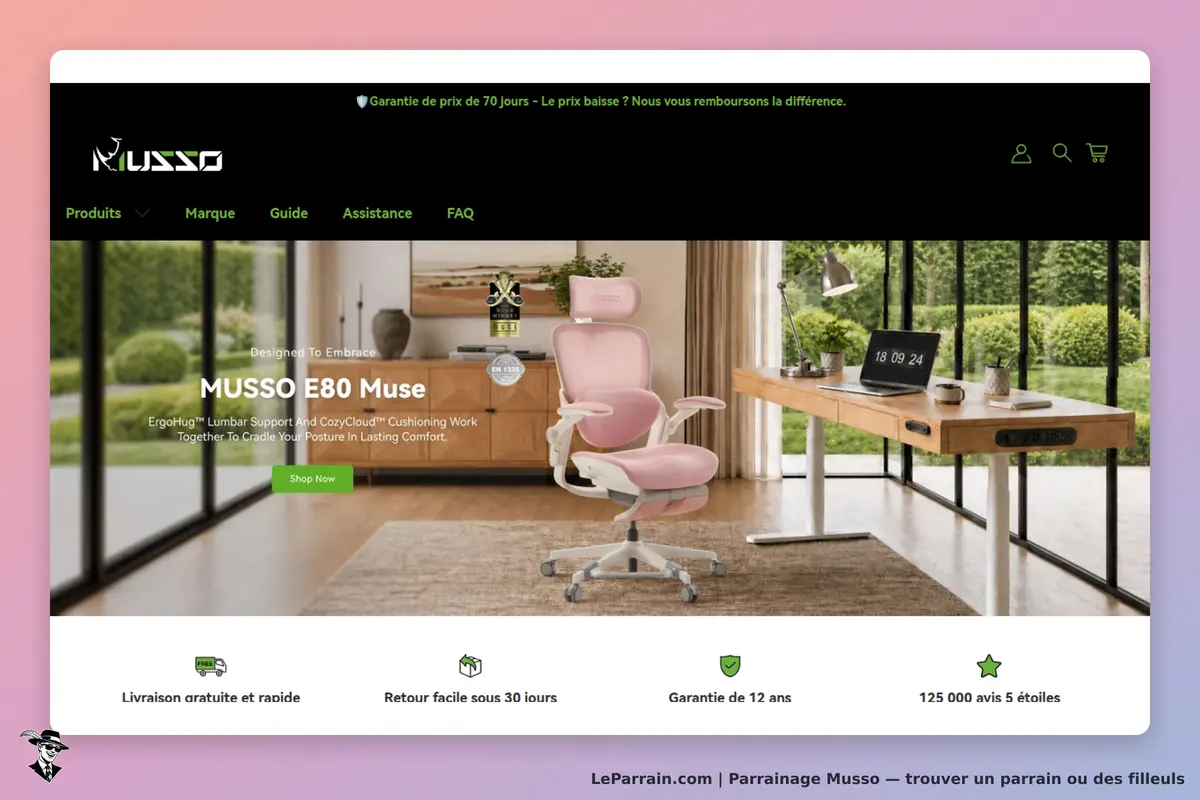 Musso : page d'accueil présentant la chaise E80 Muse dans un bureau moderne et lumineux