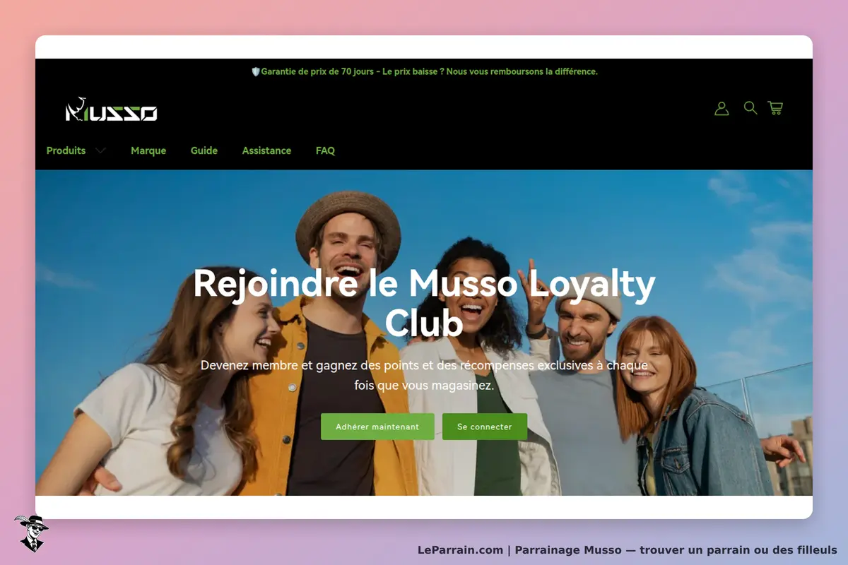 Musso : page d'accueil avec un groupe d'amis souriants et un appel à rejoindre le club de fidélité