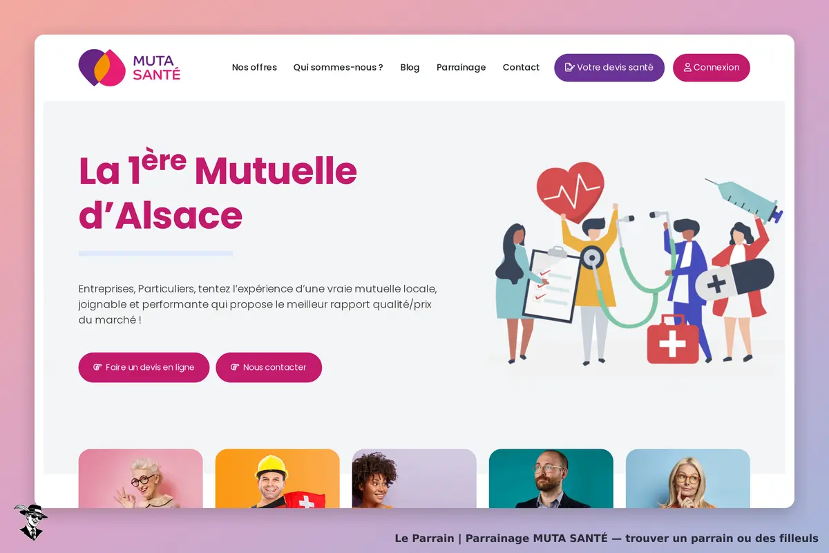 MUTA SANTÉ : page d'accueil avec illustration de professionnels de santé et options de contact