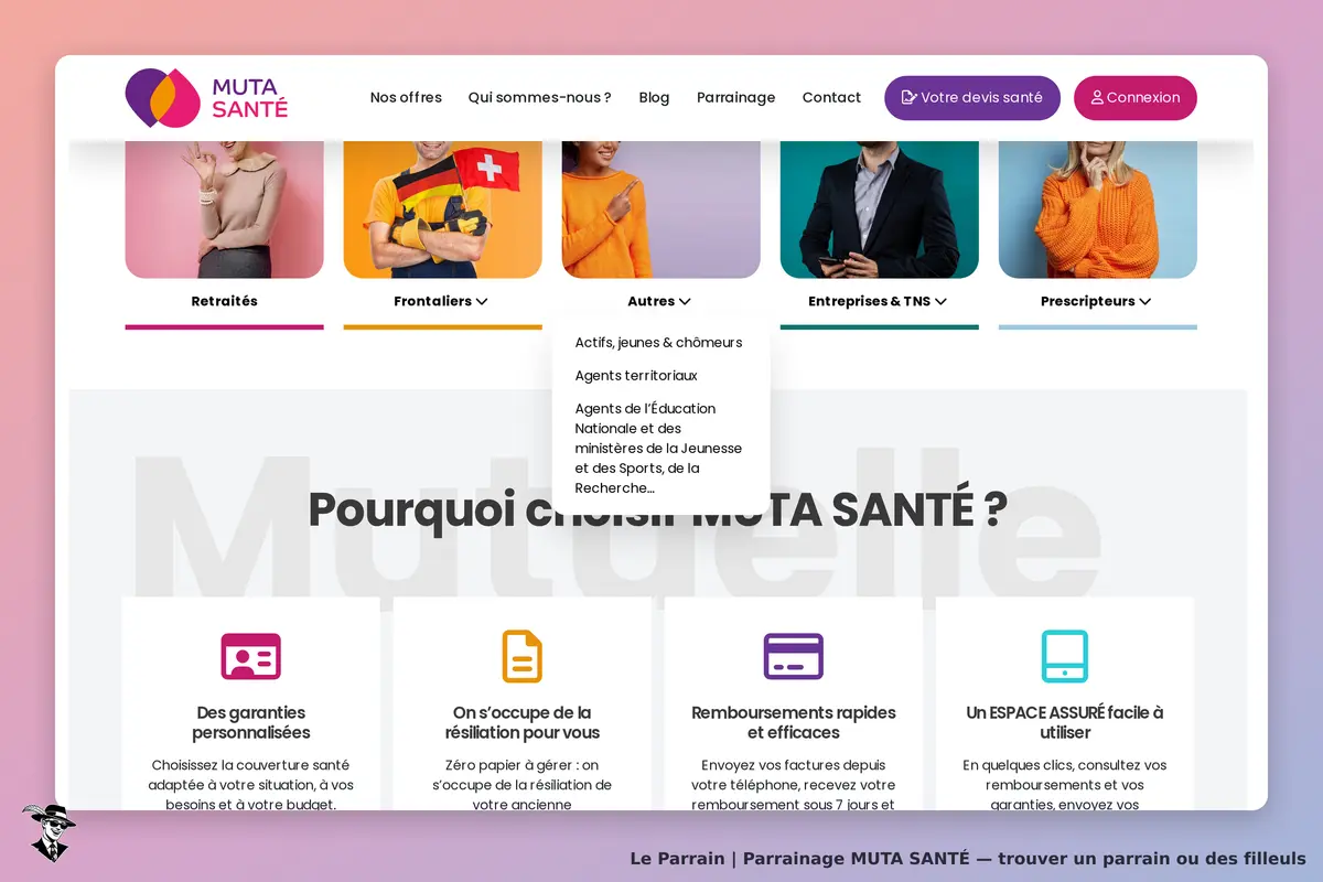 MUTA SANTÉ : page d'accueil avec catégories de services et menu déroulant d'options
