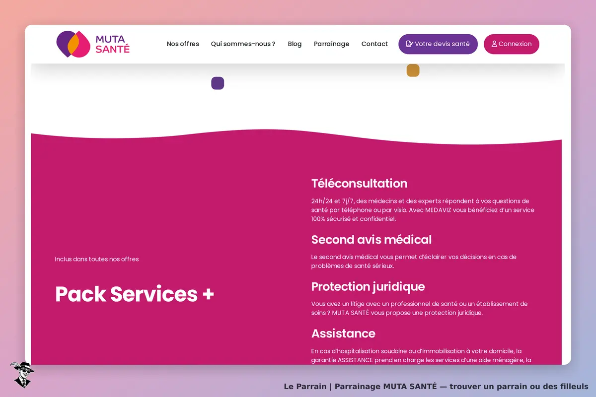 MUTA SANTÉ : page d'accueil avec services de téléconsultation et informations sur le Pack Services