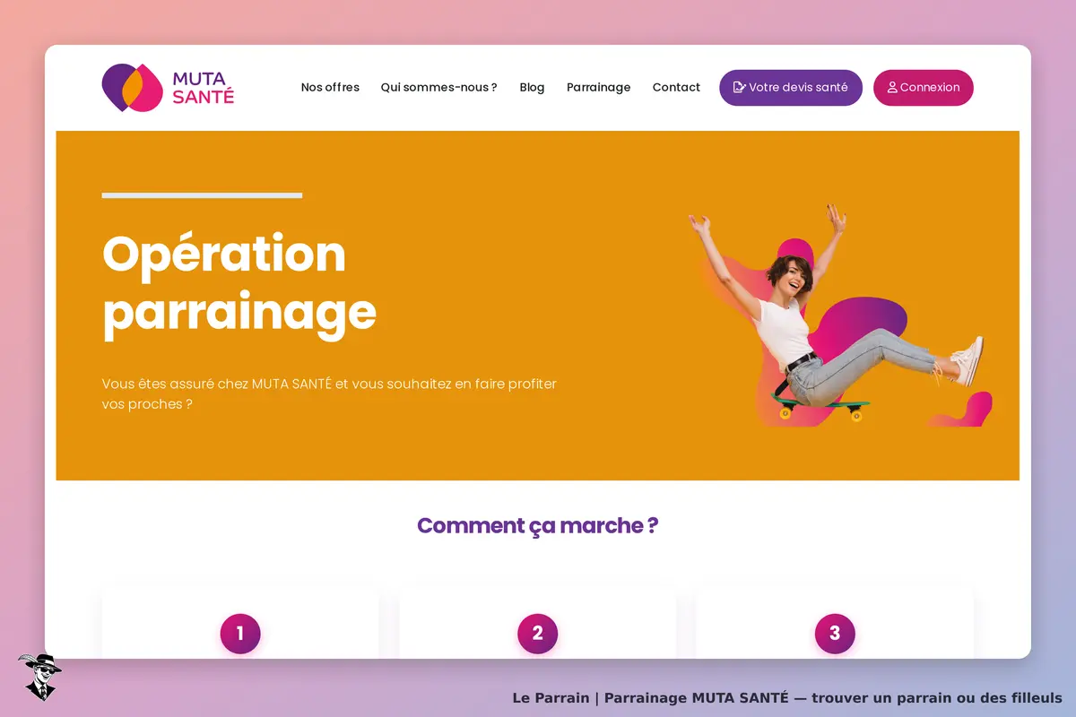 MUTA SANTÉ : page d'accueil avec le titre "Opération parrainage" et une femme sur un skate