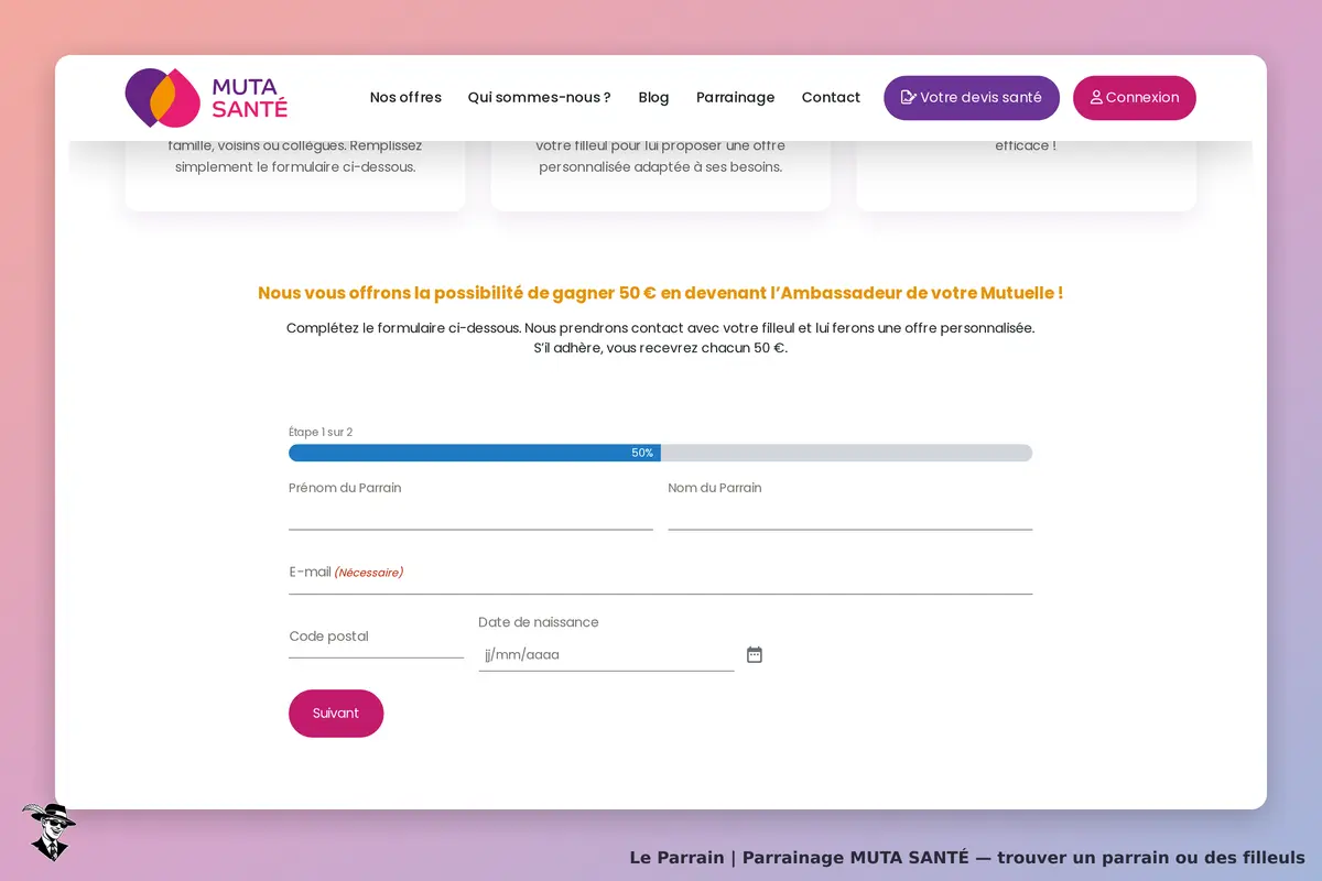 MUTA SANTÉ : formulaire de parrainage avec étapes et champs à remplir pour le parrain