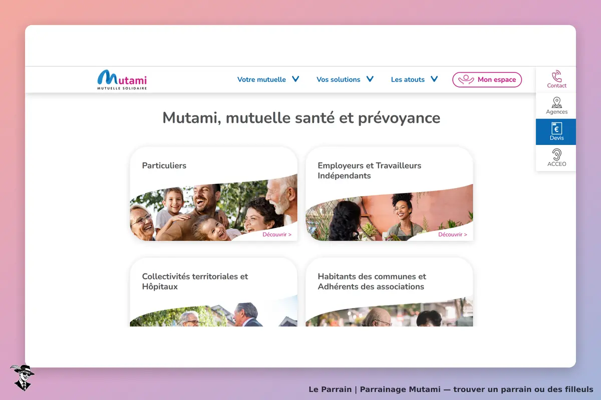 Mutami : page d'accueil avec sections pour particuliers et employeurs, images de familles et