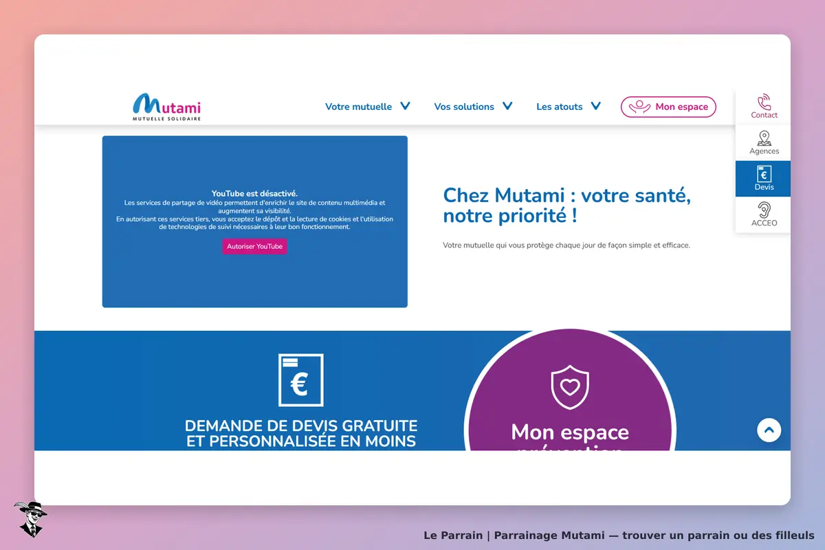 Mutami : page d'accueil avec message sur la santé et options de devis personnalisés