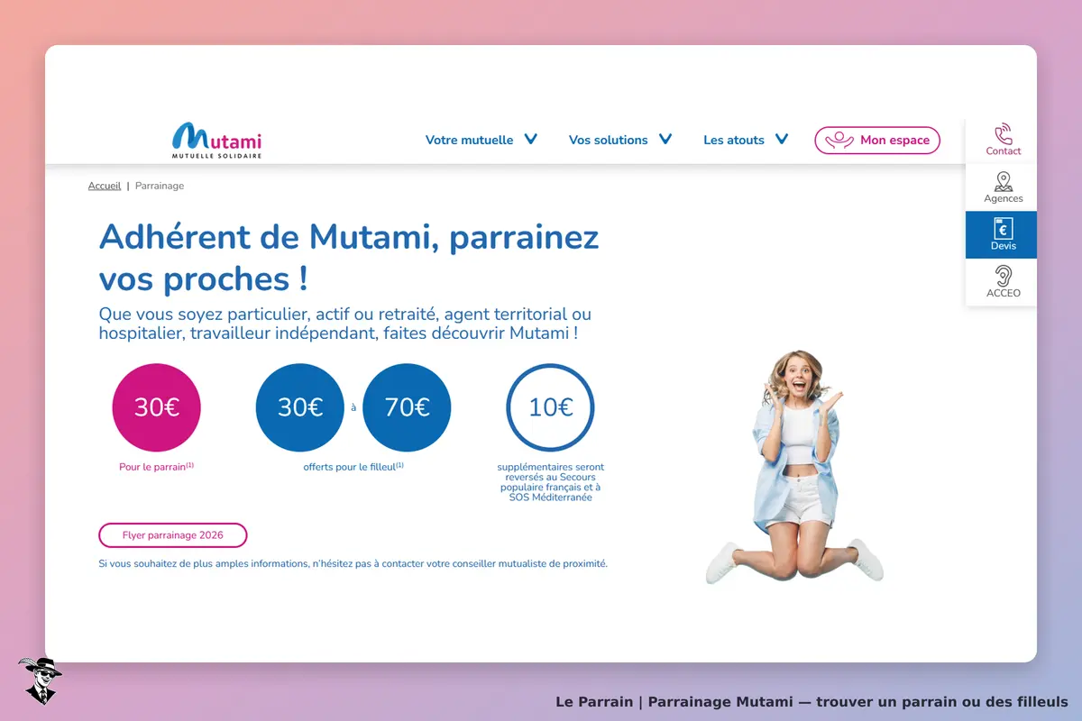 Mutami : page d'accueil avec un message sur le parrainage et une image d'une personne sautant