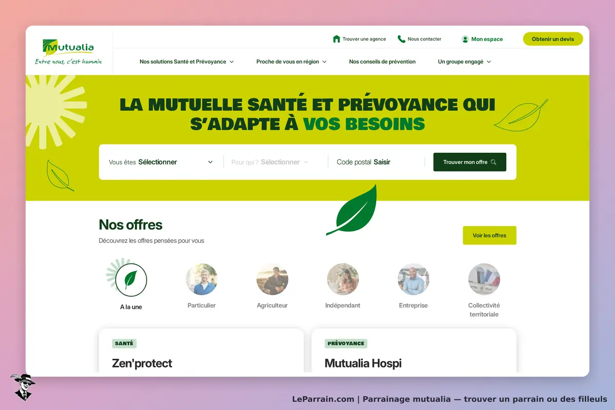 Mutualia : page d'accueil présentant des offres de santé et prévoyance avec options de sélection