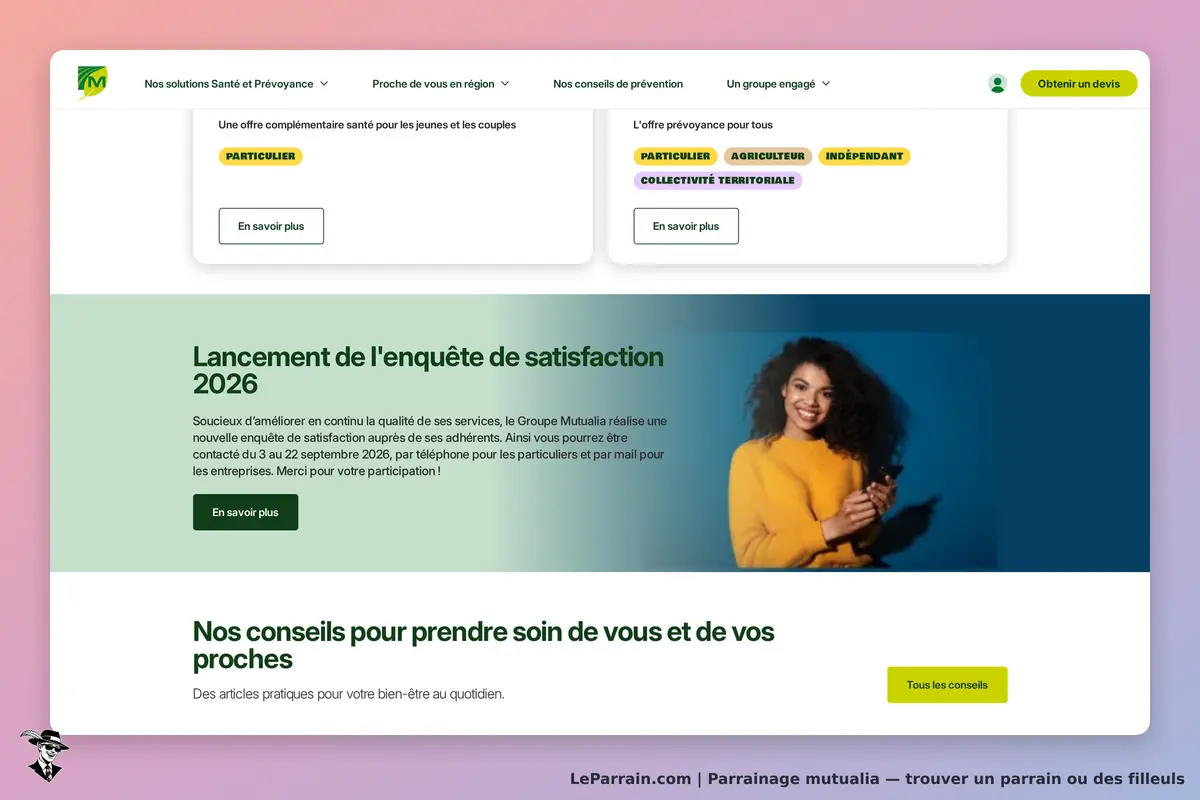 Mutualia : page d'accueil présentant une enquête de satisfaction et des conseils de bien-être