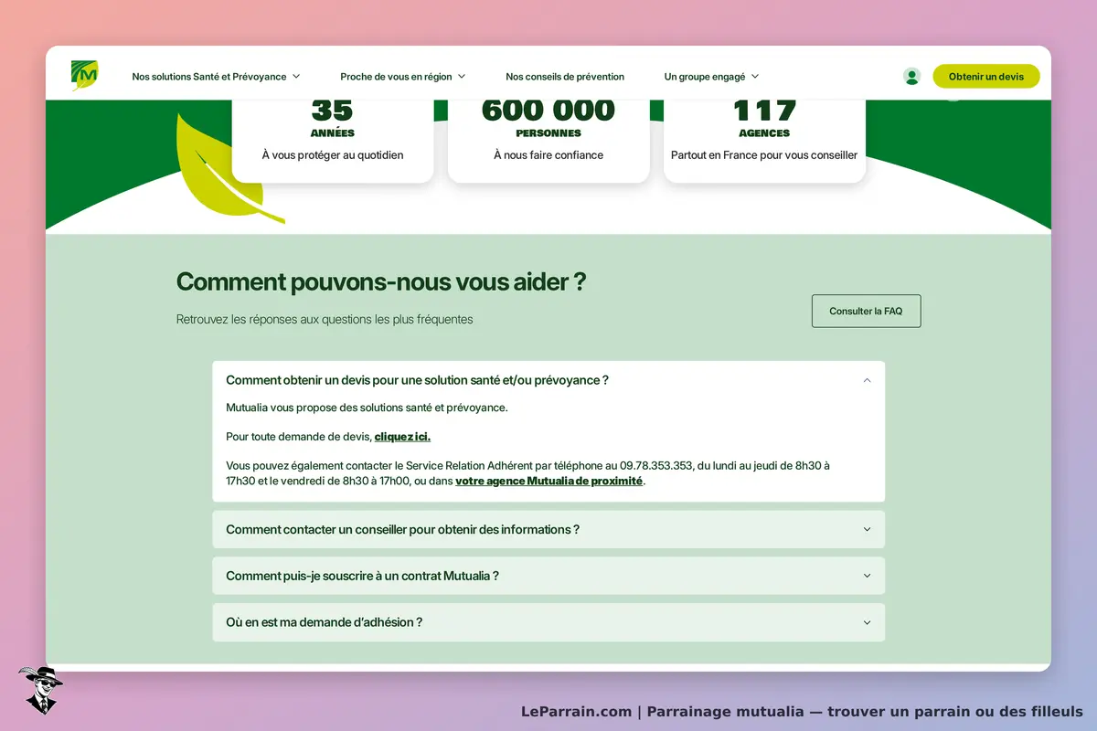 Mutualia : page d'accueil avec questions fréquentes et informations sur les services proposés