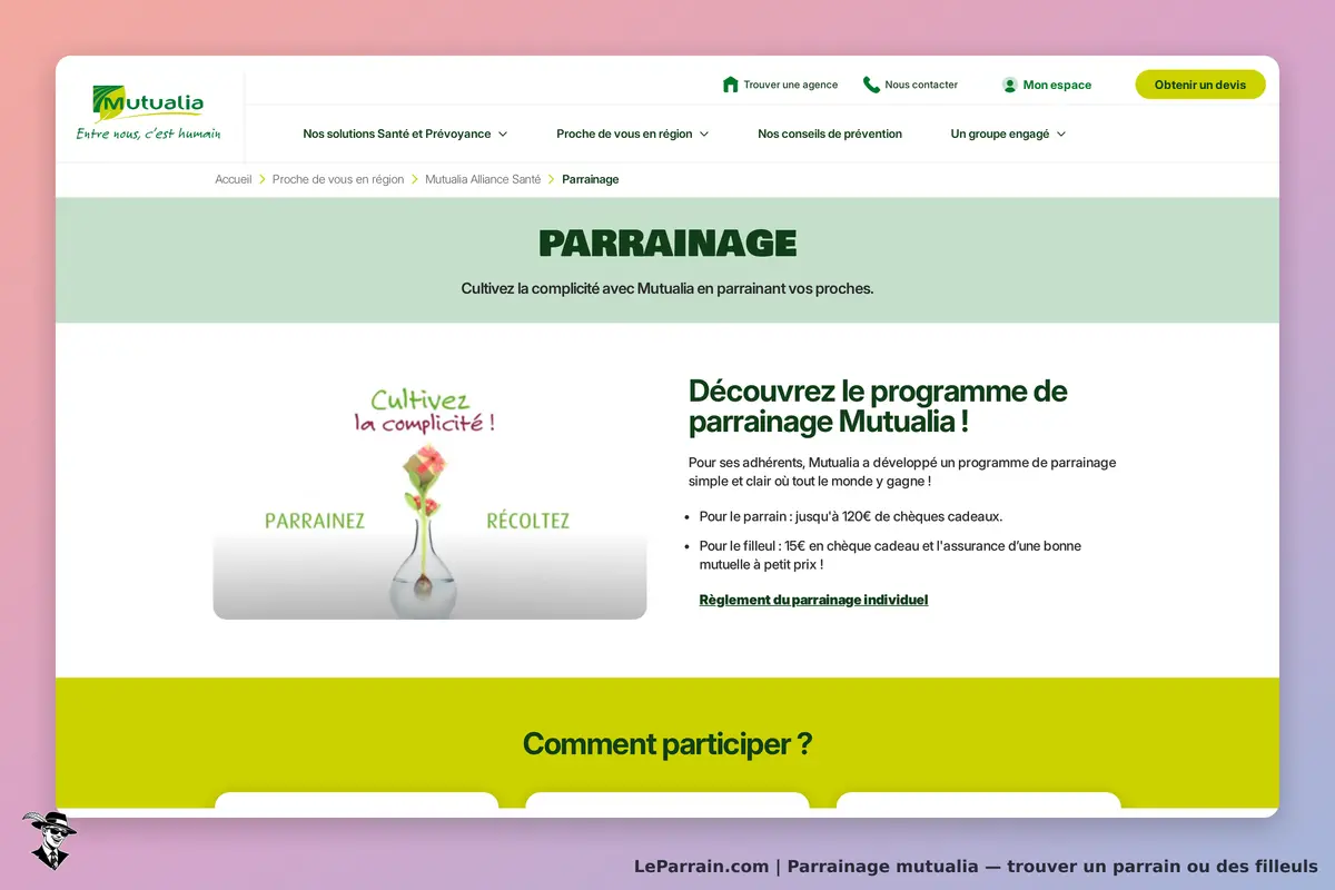 Mutualia : page d'accueil sur le parrainage avec un visuel de vase et des fleurs