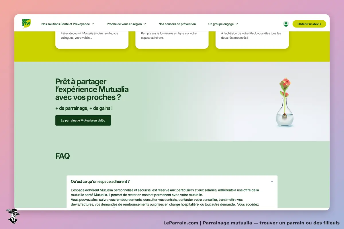 Mutualia : section sur le parrainage avec un vase et une fleur, FAQ en bas de page