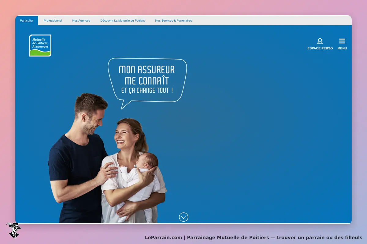 Mutuelle de Poitiers : page d'accueil avec une famille souriante sur fond bleu et un message