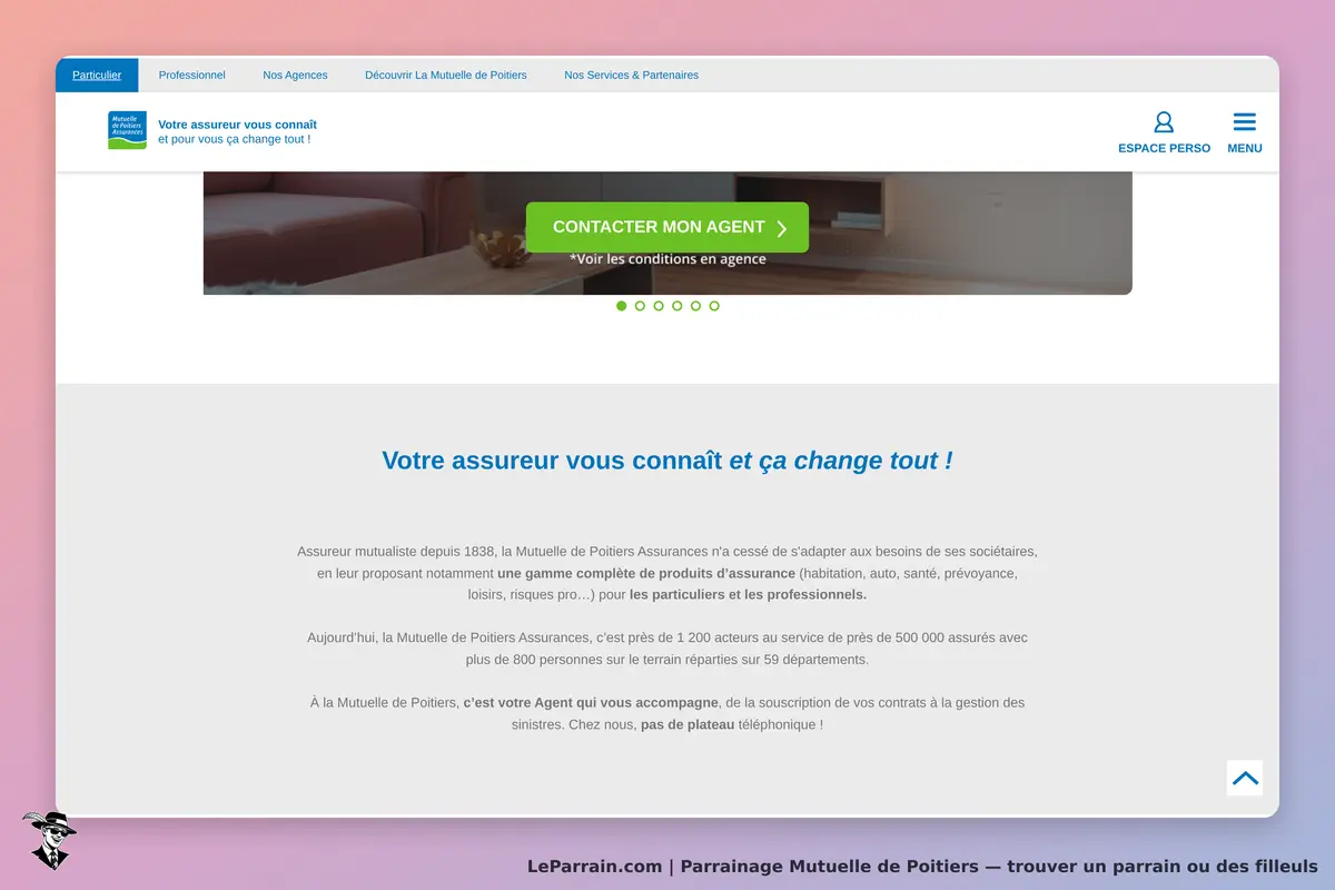Mutuelle de Poitiers : page d'accueil avec un message d'accueil et un bouton pour contacter un