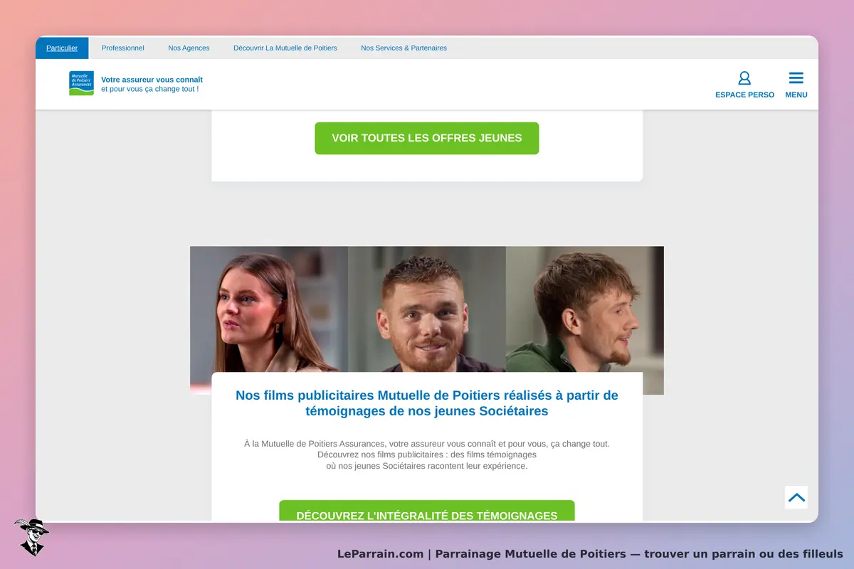 Mutuelle de Poitiers : page d'accueil avec vidéos de témoignages de jeunes sociétaires