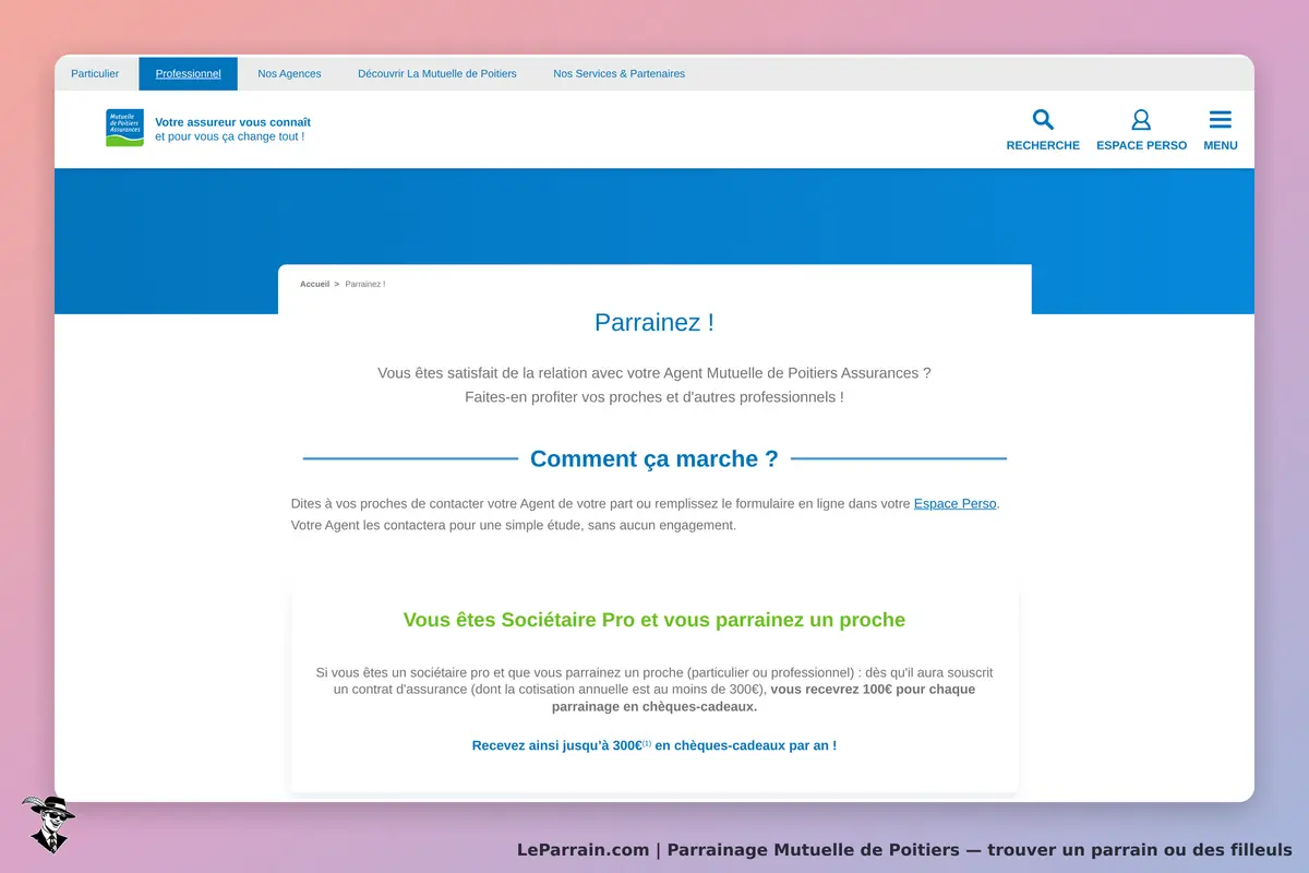 Mutuelle de Poitiers : page d'accueil avec section de parrainage et explication du fonctionnement
